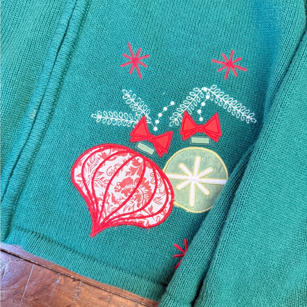 Coldwater Creek Holiday Zip Cardigan Sweater Women’s 1X Green Ornaments - Picture 3 of 9
